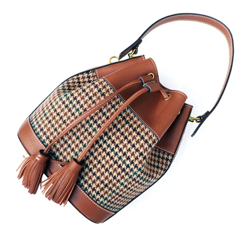 Picture of Original Design Ladies Bucket Bag Hand-Held Messenger Bag Imported Togo Cowhide Wool Houndstooth Tweed